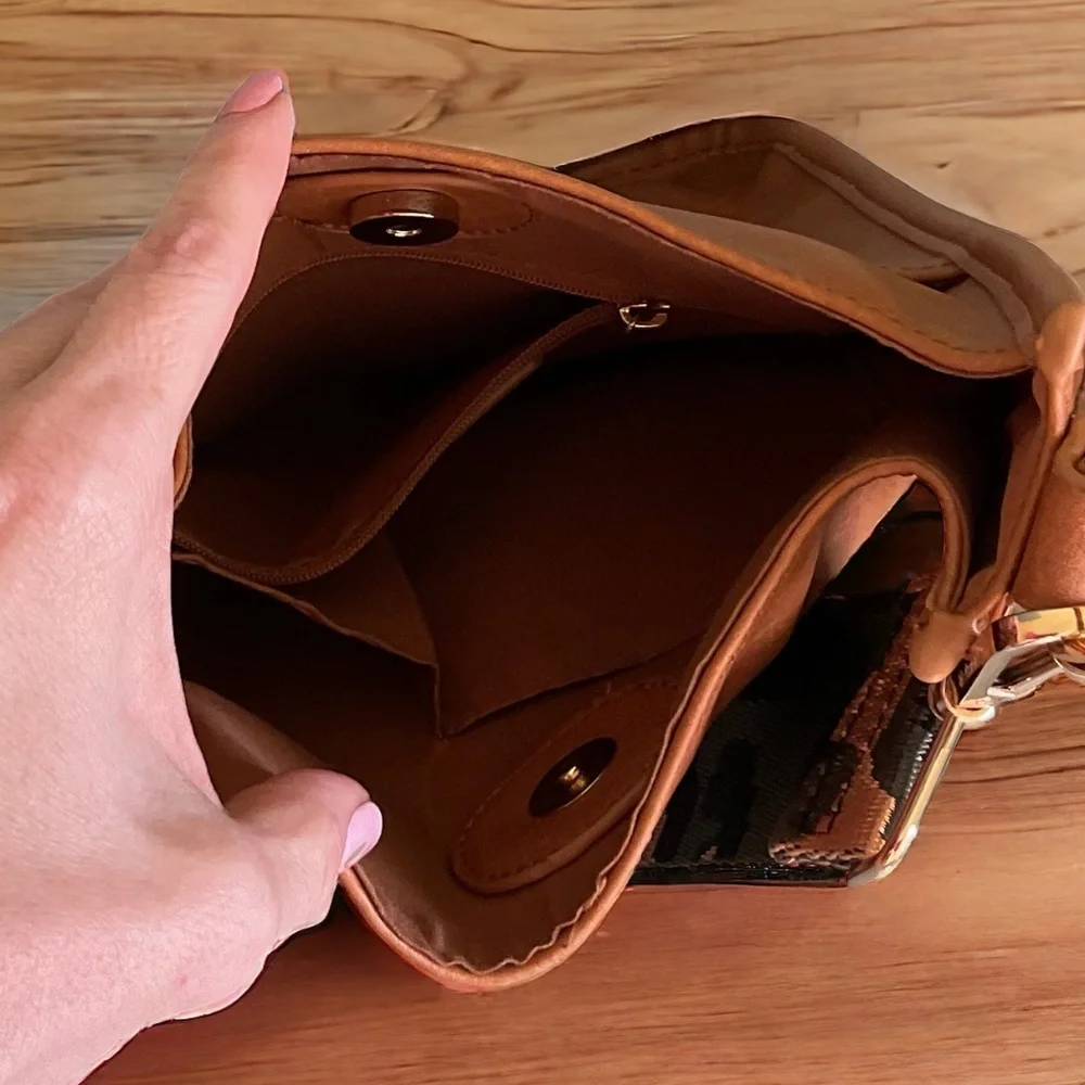 ADORNED LEATHER MESSENGER CROSSBODY with Cheetah Removable Guitar Strap in Tan - Picture 5 of 5